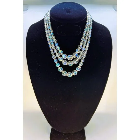 Aurora Borealis Glass Necklace 3 Strand Graduated Length 17 in Silver-tone Clasp - Picture 2 of 5